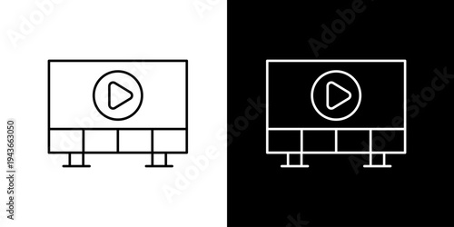 Line Art Vector Icon of an Outdoor Digital Billboard Screen Featuring a Play Button Symbol for Video Content and Advertising