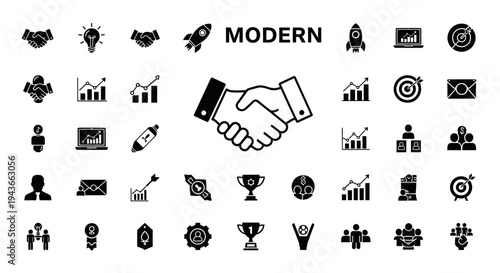 Business icons set with handshake illustration on transparent background silhouette