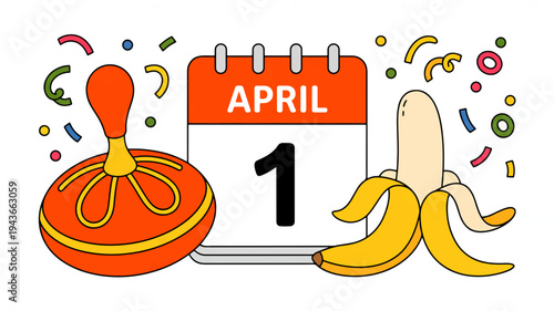 April fools' day celebration with calendar banana peels and party popper on white background