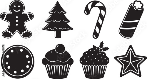 Black and white Christmas icons and holiday treats collection