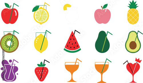 Colorful Fruit Cocktail Icon Set Featuring Apple, Lemon, Kiwi, Watermelon, Avocado, and Tropical Drinks for Fun Beverage Designs