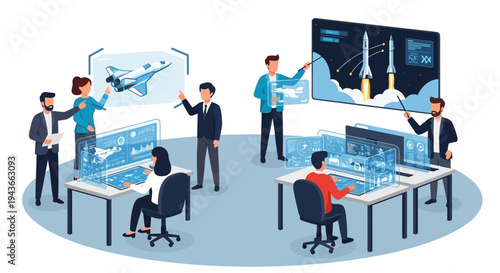 Team Collaborating on Advanced Aerospace Project Using Futuristic Technology.