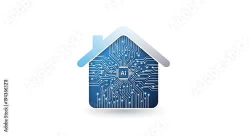Digital Smart Home AI technology in a house silhouette with integrated circuit board