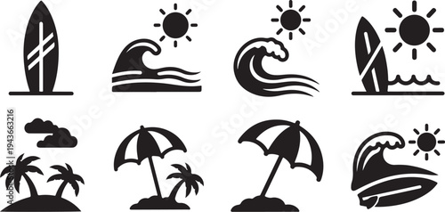 Black and white beach icons and symbols set collection