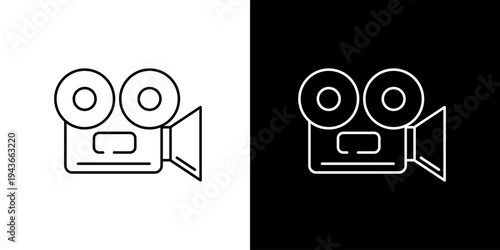 Simple line art vector icon of a classic film camera, symbolizing retro cinema, movie making, and video production technology