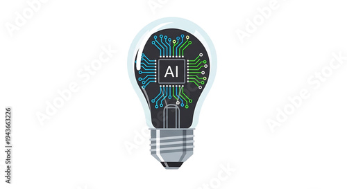 Conceptual illustration of a light bulb encompassing a sophisticated AI microchip, symbolizing the bright ideas, innovation, and advanced technological solutions driven by artificial intelligence