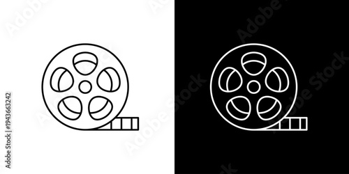 Minimalist outline icon illustration of a classic film reel with tape, symbolizing cinema, video production, and movie entertainment. Perfect for graphic design, apps, and digital media projects