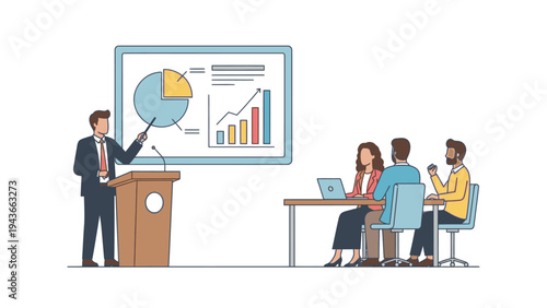 Businessman presenting a pie chart and bar graph to colleagues in a meeting with a professional and informative mood.