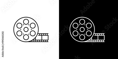 Minimalist outline icon depicting a vintage film reel and a movie strip, symbolizing classic cinema, video production, and entertainment media industry