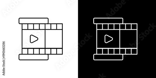 Clean outline icon illustration of a classic film reel with an integrated play button, symbolizing multimedia content, cinema, and digital video playback