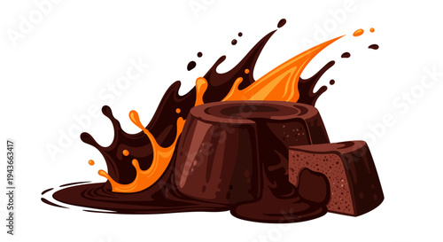 Molten chocolate flows out of broken brown dessert pieces on a white surface with splashes and drips.