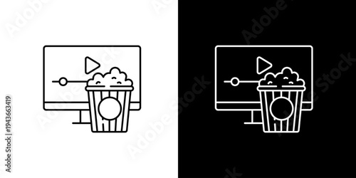 Single icon of streaming movie night at home concept with computer screen displaying a video player and a bucket of popcorn, perfect for cozy entertainment
