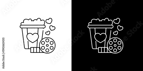 Heartfelt Cinema Experience Vector Icon Illustration of Popcorn, Film Reel, and Hearts for Movie Night Romance and Entertainment Concepts