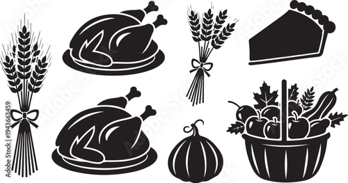 Thanksgiving food icons with turkey and vegetables illustration set
