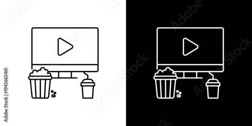 Single icon of computer screen displaying a video with popcorn and drinks on a black and white background, suggesting entertainment or streaming services