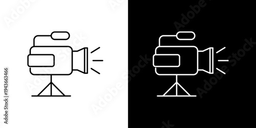 Sleek line art vector icon of a professional video camera on a sturdy tripod, ideal for symbolizing film production, live recording, and broadcasting media