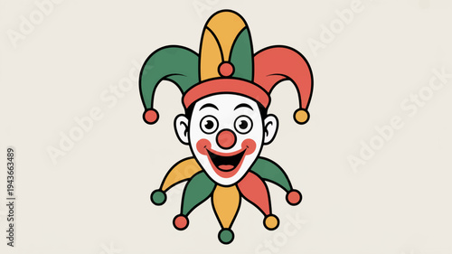 Jester smiling cheerfully wearing colorful hat with multiple points and pom poms on beige