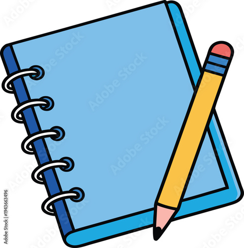 Blue spiral notebook with yellow pencil diagonally placed vector illustration EPS PNG file