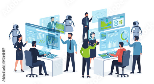 Team Collaborating with AI Robots and Futuristic Technology Displays.