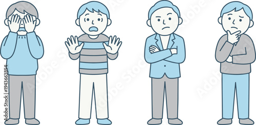 Boy showing different emotions fear surprise anger and thinking, child facial expression set, kids emotional reactions concept illustration