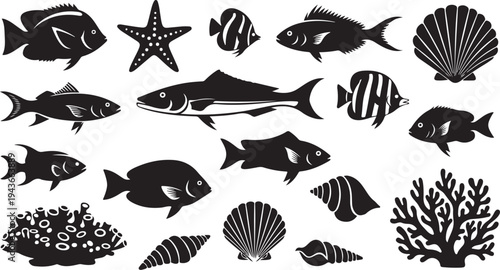 Black and white ocean creatures and coral reef icons