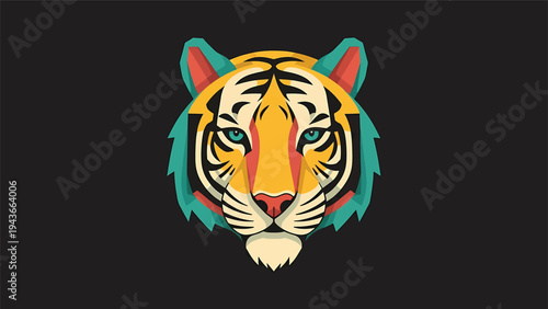 Stylized Tiger Face with Vibrant Colors and Intricate Details.