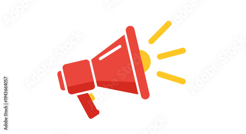 Red megaphone announcing with yellow sound waves on white background, vector illustration