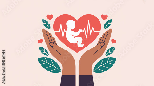 Hands cradling heart with baby inside surrounded by leaves and hearts symbolizing love and care