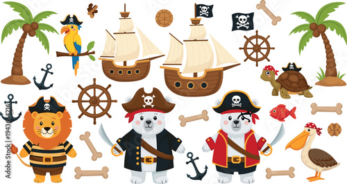 Cute Pirate Animals Vector Set with Ships, Treasure, Parrot, Palm Trees and Cartoon Pirate Characters Illustration