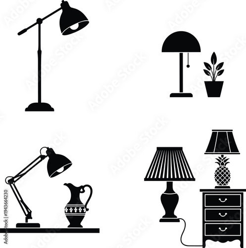Modern and classic lamp silhouettes collection including floor desk table lamps with home decor elements vector illustration set