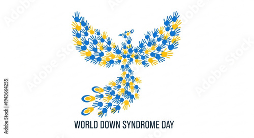 World down syndrome day awareness symbol blue and yellow hands forming bird shape