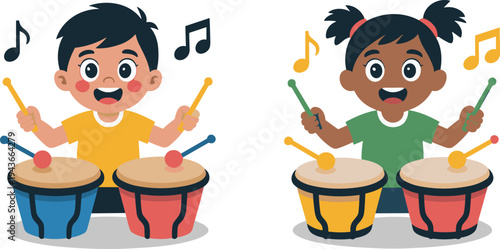 Kids playing drums illustration, children percussion music activity cartoon characters, boy and girl drummers vector