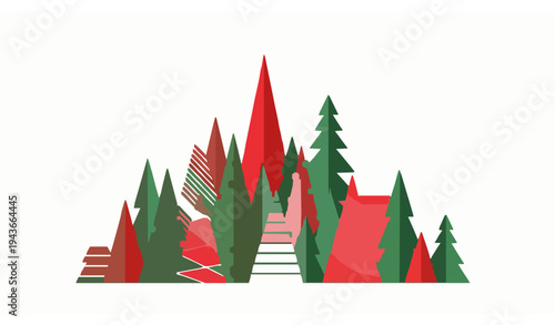 Modern Red and Green Geometric Christmas Tree Forest Minimal Holiday Vector Pattern