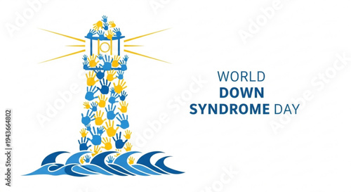 World down syndrome day awareness illustration with lighthouse and hands symbolizing support and hope