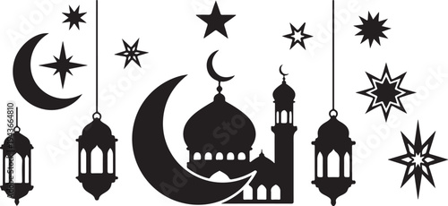 Eid Mubarak Islamic Silhouette with Lanterns and Crescent Moon