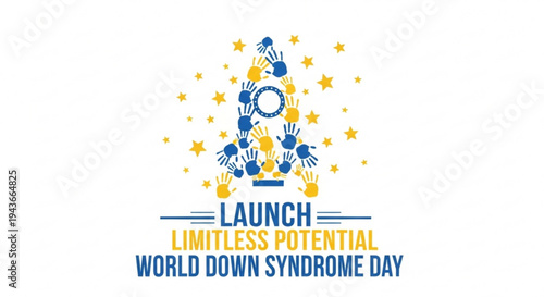 World down syndrome day awareness campaign with blue and yellow hands forming a triangle under stars promoting limitless potential