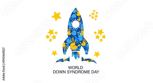 World down syndrome day awareness rocket illustration with blue and yellow puzzle pieces and stars on white background
