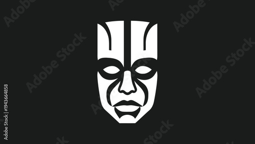 Stylized Tribal Mask with Bold Lines and Dark Background.