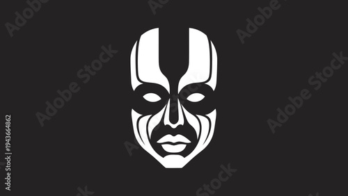 Stylized Tribal Mask with Bold Lines and Dark Background.
