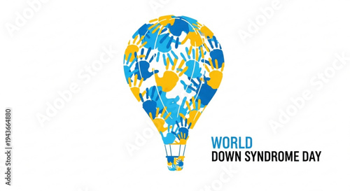 World down syndrome day awareness hot air balloon with colorful hands on white background