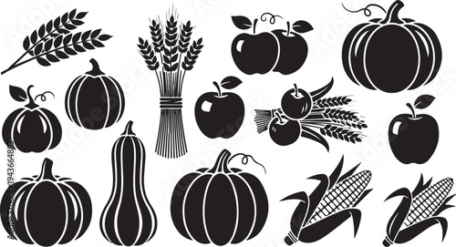 Harvest icons including pumpkins, apples, and wheat silhouettes