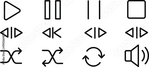 Editable outline icons collection for designers and developers play media navigation and audio symbols