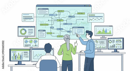 Team collaborating on complex data visualization and analysis project.