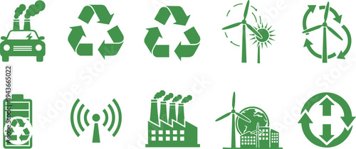 Green energy recycle icons set, renewable power sustainability symbols collection, eco factory wind turbine battery environment vector illustration