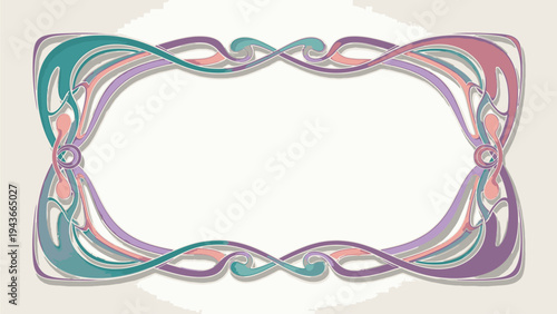 Colorful abstract frame with swirling purple, green, and pink lines on a beige background, with a white center.