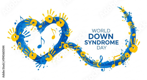 World down syndrome day awareness heart infinity symbol with blue and yellow handprints music notes on white background