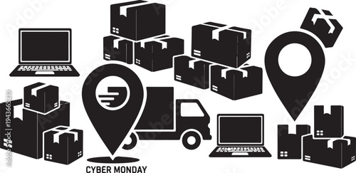 Cyber Monday online shopping delivery and logistics concept illustration