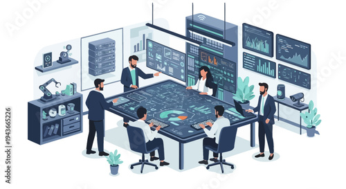 Team collaborating in a modern data center control room.