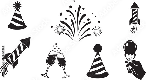 Celebration icons including party hats and fireworks graphics