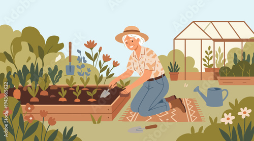 Cheerful Elderly Woman Gardening in Her Sunny Backyard